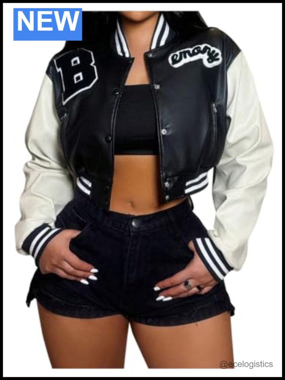 Women's Faux Leather Cropped Varsity Bomber Jacket Y2K Button Down